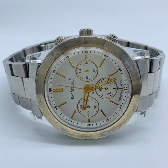 Bay studio men watch 38mm clear plastic case Quartz analog gold tone bezel runs - Picture 1 of 6